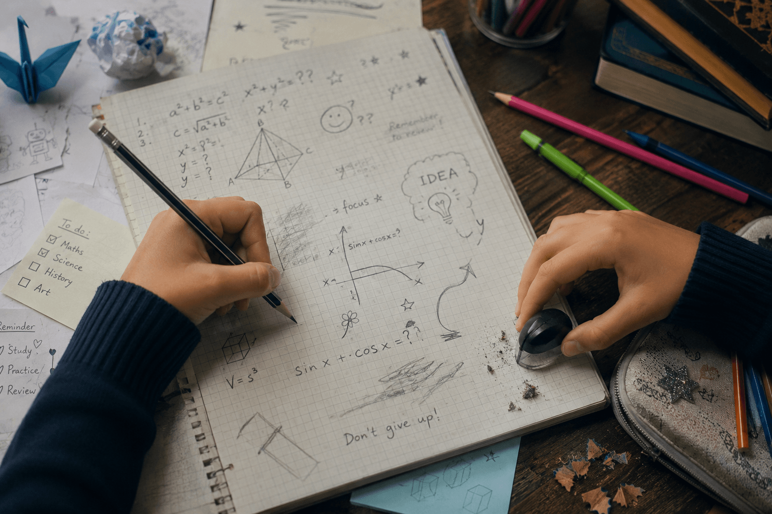 A child's hands sketching maths problems and doodles on a notebook showing active thinking and natural learning behaviour