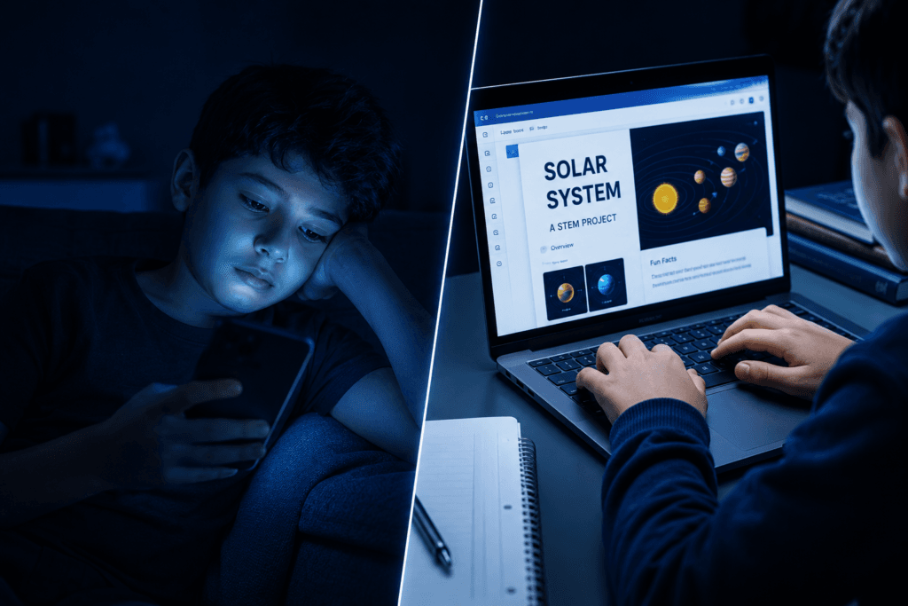 A visual contrast between a child passively scrolling on a phone versus actively building a STEM project on a laptop