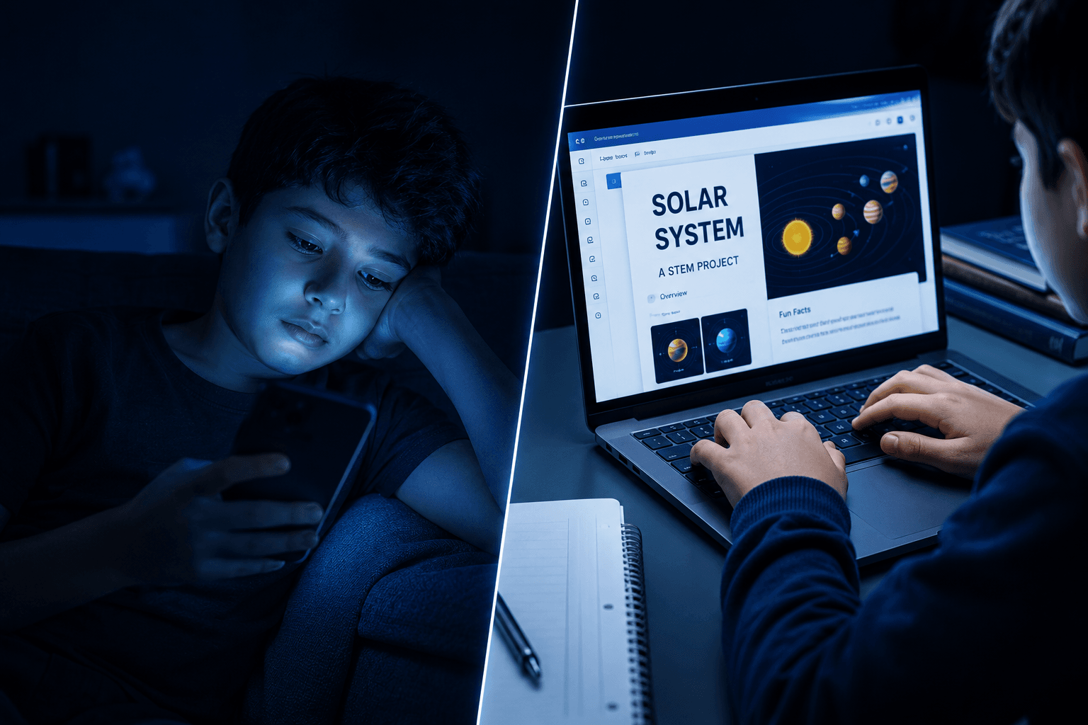 A visual contrast between a child passively scrolling on a phone versus actively building a STEM project on a laptop