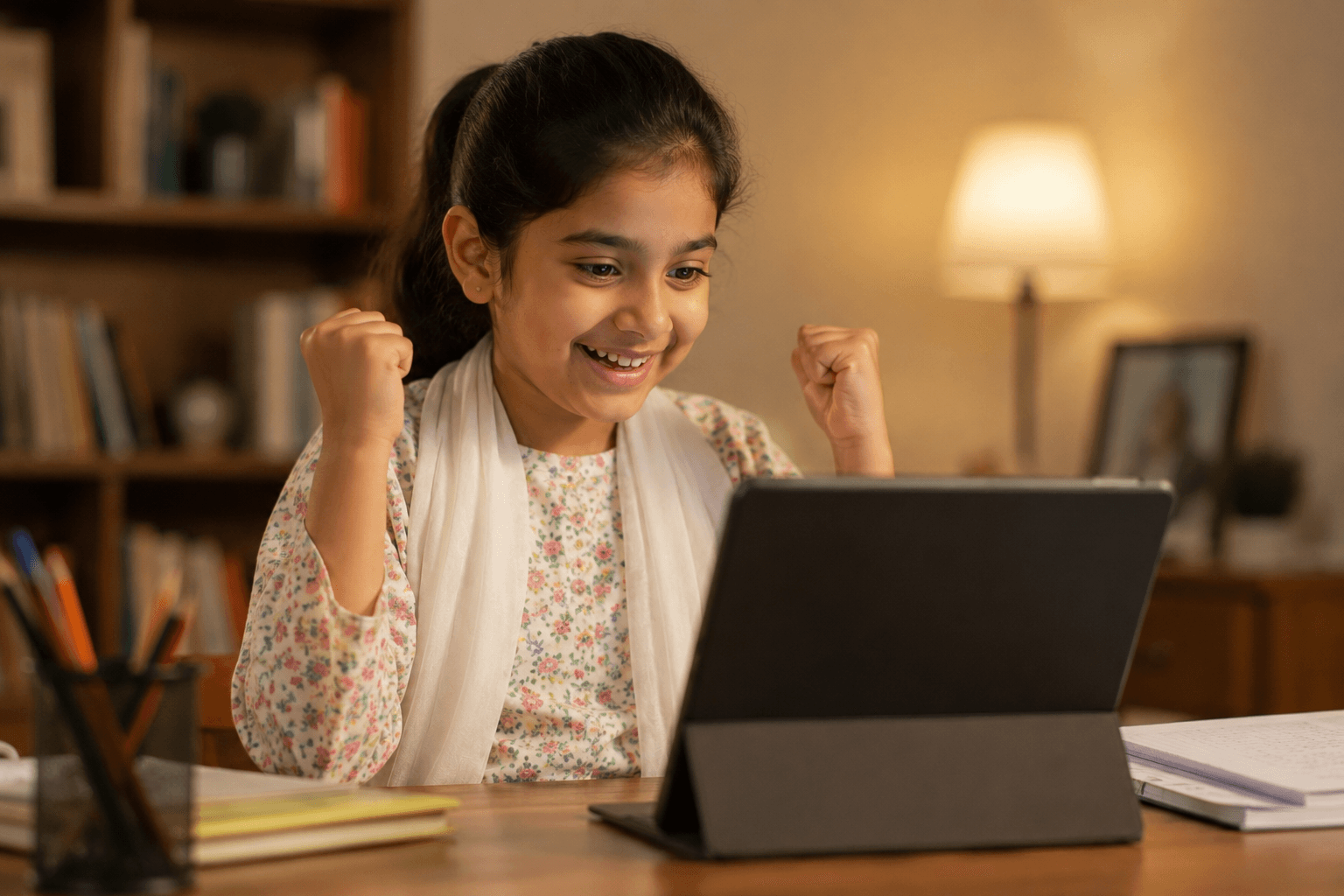 A Pakistani child celebrating excitedly in front of a tablet during a positive and engaging learning assessment