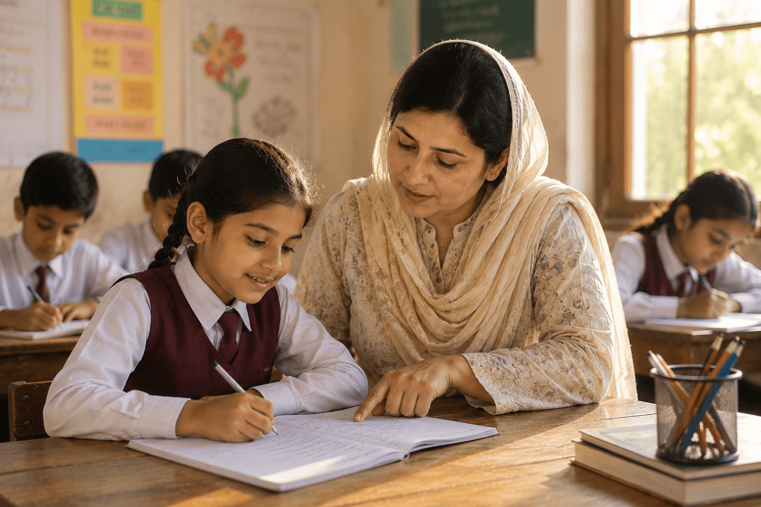 A Pakistani teacher providing personalised one-on-one instruction to a child in a warm classroom setting