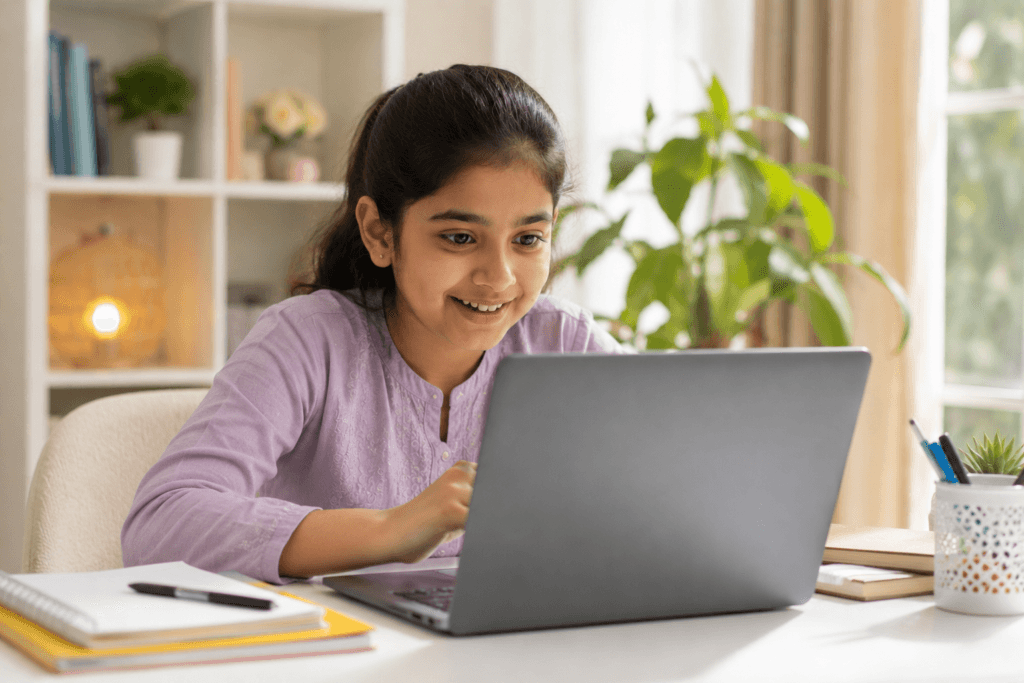 A Pakistani child learning confidently on a laptop at home through online education