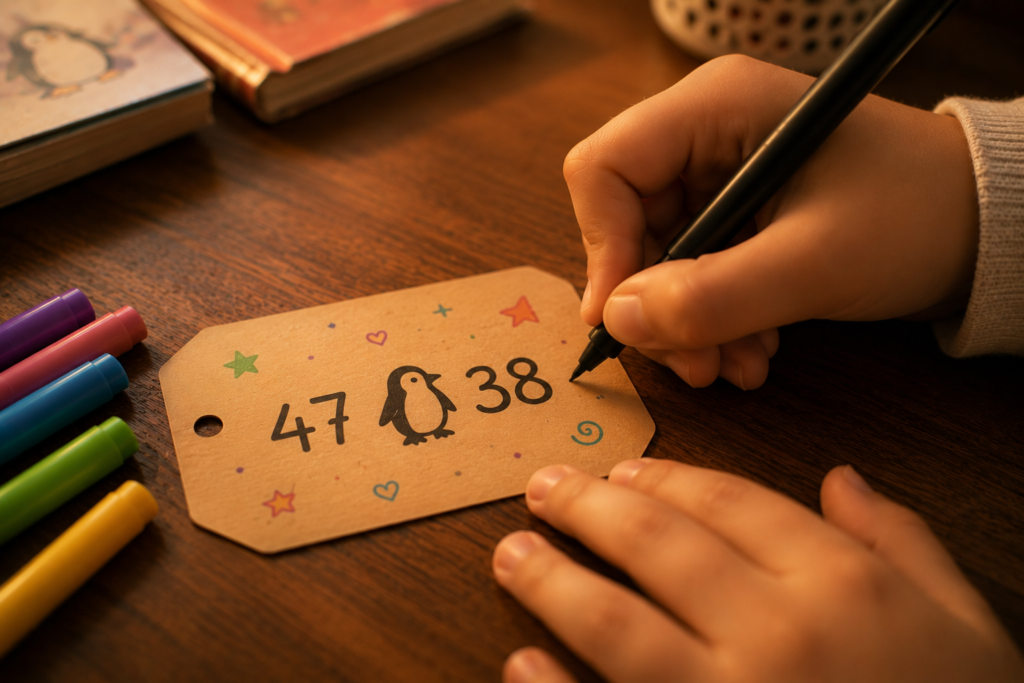 A child personalising their own identity tag with numbers and doodles representing student autonomy in education